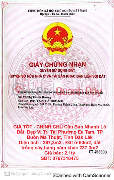 GIÁ TỐT - CHÍNH CHỦ Cần Bán Nhanh Lô Đất Đẹp Vị Trí Tại TP Buôn Ma Thuật, Tỉnh Đăk Lăk Niêm yết bán