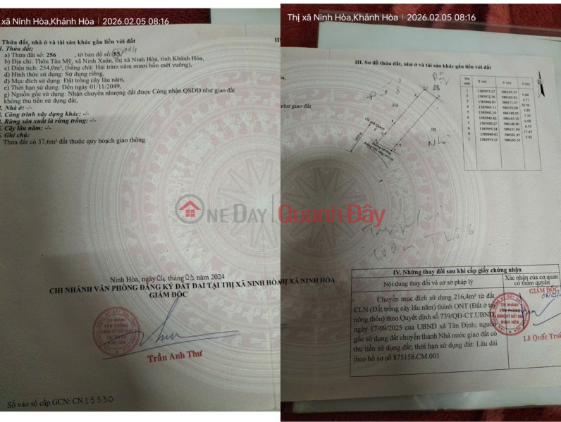 ĐẤT CHÍNH CHỦ - MẶT TIỀN Thôn Tân Mỹ, Xã Ninh Xuân, TX Ninh Hoà, Tỉnh Khánh Hoà Niêm yết bán