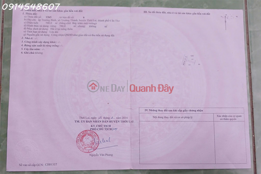 Bán đất sẵn nhà cấp 4 mặt tiền đường bê tông tại Trường Thành, Cần Thơ, DT 700m2, giá TL Niêm yết bán