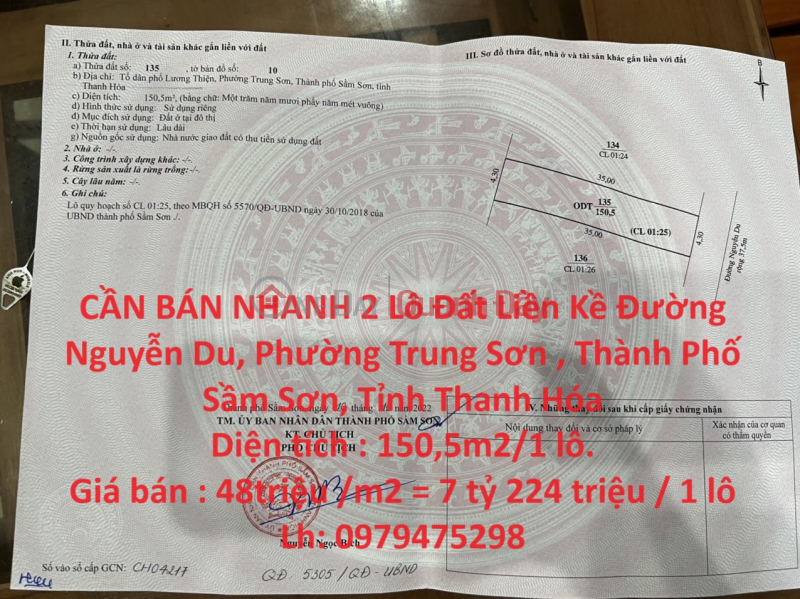 CẦN BÁN NHANH 2 Lô Đất Liền Kề Đường Nguyễn Du Tại Tỉnh Thanh Hóa Niêm yết bán