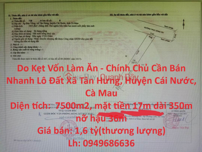 Do Kẹt Vốn Làm Ăn - Chính Chủ Cần Bán Nhanh Lô Đất Xã Tân Hưng, Huyện Cái Nước, Cà Mau Niêm yết bán