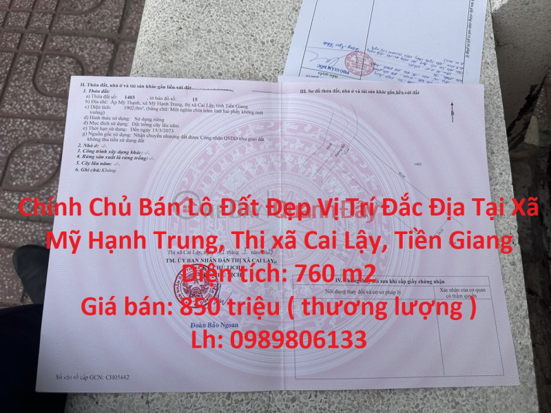 The Owner Sells Beautiful Land Lot Prime Location In My Hanh Trung Commune, Cai Lay Town, Tien Giang Sales Listings