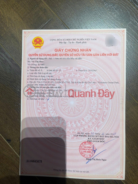 Chính chủ bán căn hộ tòa R1.02 , 1PN ,DT 44m2 . View nội khu Vinhomes Ocean Park Gia Lâm Niêm yết bán