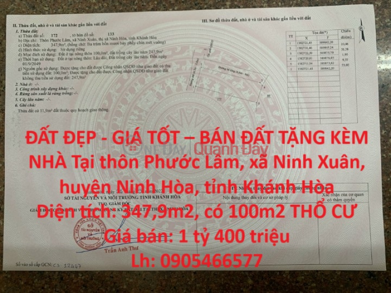 BEAUTIFUL LAND - GOOD PRICE - LAND FOR SALE GUARANTEED HOUSE In Ninh Hoa district, Khanh Hoa province Sales Listings