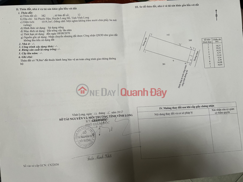 Property Search Vietnam | OneDay | Nhà ở | Niêm yết bán | Bán đất xã Phước Hậu, huyện Long Hồ, tỉnh Vĩnh Long.
