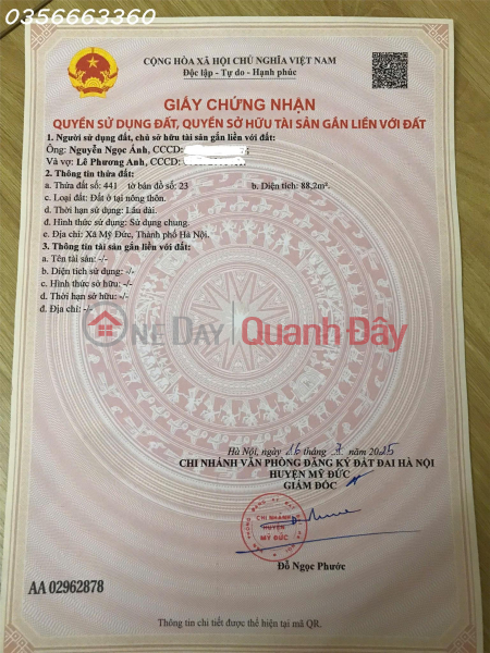 Property Search Vietnam | OneDay | Nhà ở Niêm yết bán CHÍNH CHỦ BÁN LÔ GÓC 2 MẶT TIỀN TẠI XÃ MỸ ĐỨC – HÀ NỘI, DT 88,2m² FULL THỔ CƯ