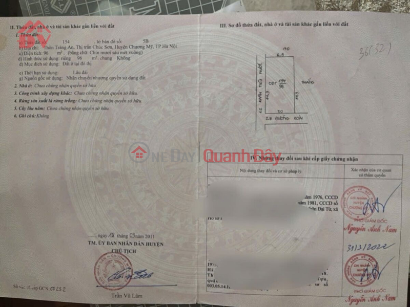 đ 6.2 Billion | OWNER NEEDS TO SELL 96M2 LAND LOT IN CUC SON CENTER - CHUONG MY - HANOI