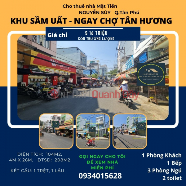 Cho thuê nhà mặt tiền Nguyễn Súy 104m2, 1Lầu, 16 triệu - cạnh CHỢ Tân Hương Niêm yết cho thuê
