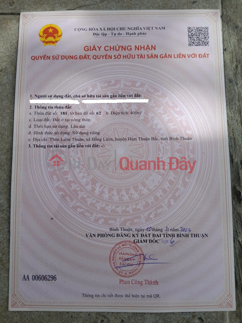 Bán 400m2 Đất Mặt Đường Bê Tông Tại Thôn Liêm Thuận, Xã Hồng Liêm, Hàm Thuận Bắc, Bình Thuận _0