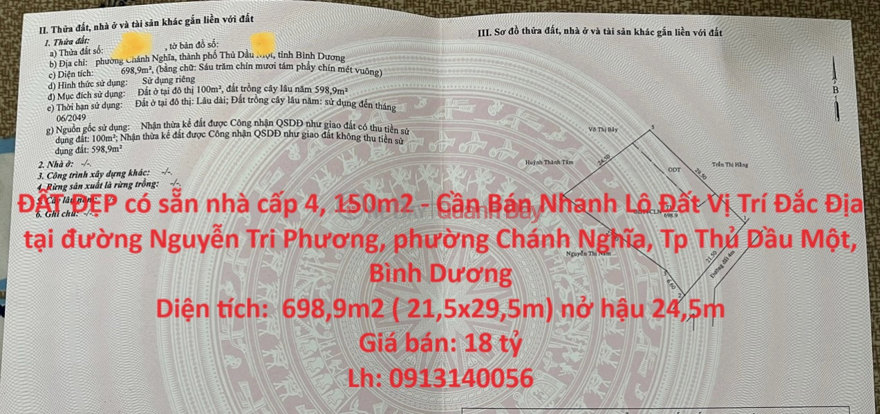BEAUTIFUL LAND available level 4 house, 150m2 - For Quick Sale Land Lot Prime Location in Thu Dau Mot City Sales Listings