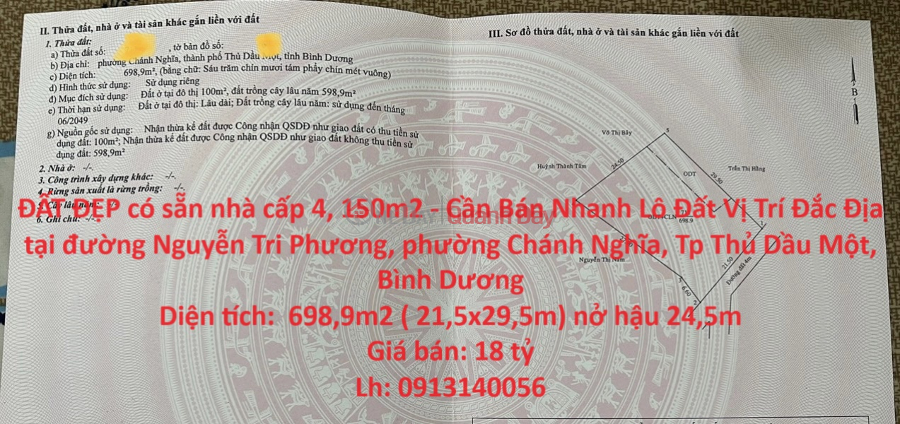 ĐẤT ĐẸP có sẵn nhà cấp 4, 150m2 - Cần Bán Nhanh Lô Đất Vị Trí Đắc Địa tại tp Thủ Dầu Một Niêm yết bán