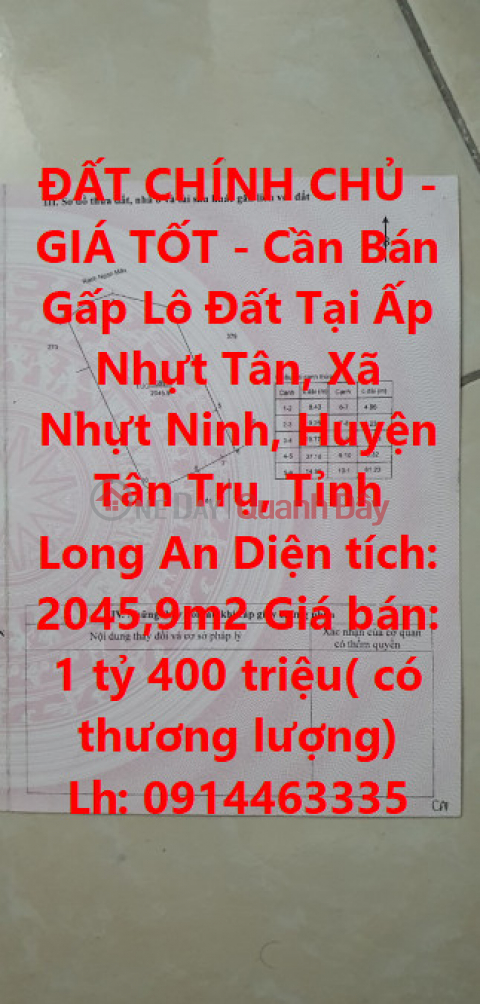 ĐẤT CHÍNH CHỦ - GIÁ TỐT - Cần Bán Gấp Lô Đất Tại Huyện Tân Trụ- Long An _0