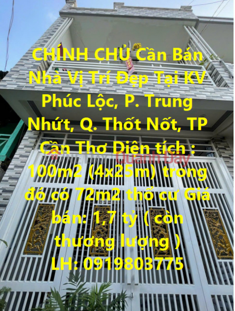 CHÍNH CHỦ Cần Bán Nhà Vị Trí Đẹp Tại P. Trung Nhứt, Q. Thốt Nốt, Cần Thơ _0