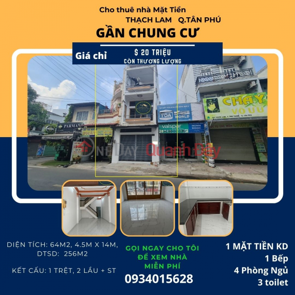 Cho thuê nhà mặt tiền Thạch Lam 64m2, 2Lầu +ST, 20Triệu, gần CHUNG CƯ Niêm yết cho thuê