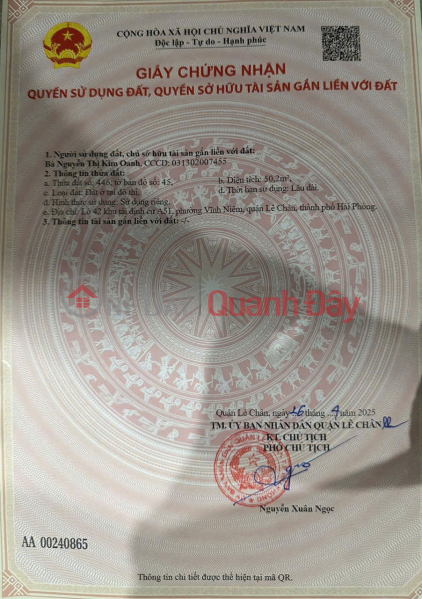 đ 5.9 Billion Corner plot with two street frontages - A51 Vinh Niem subdivision - 50m² - 12m wide road - Price 5.9 billion VND