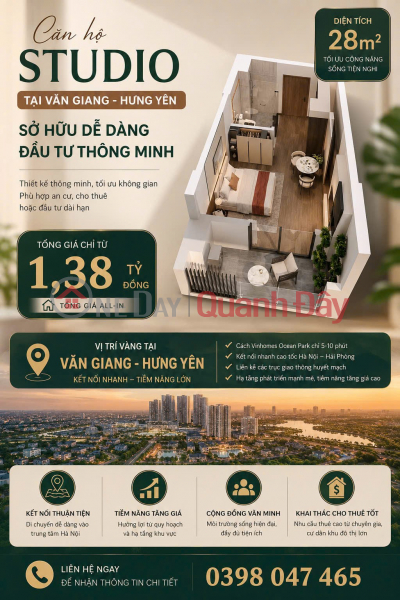 Sở Hữu Ngay Căn Hộ STUDIO - ĐẦU TƯ THÔNG MINH Tại Văn Giang - Hưng Yên Niêm yết bán