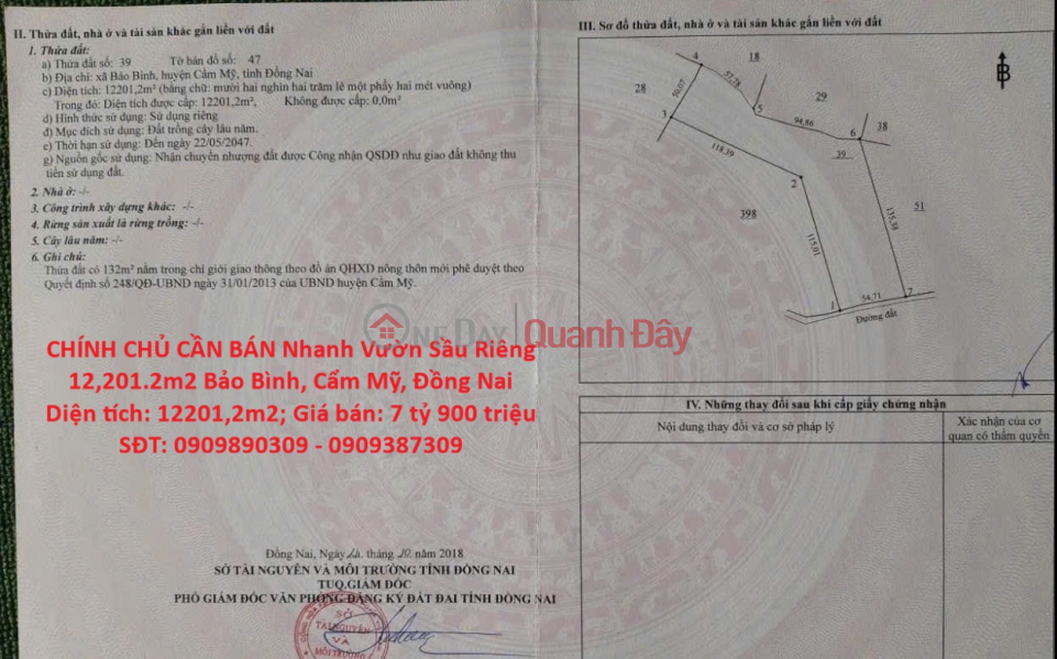 CHÍNH CHỦ CẦN BÁN Nhanh Vườn Sầu Riêng 12,201.2m2 Bảo Bình, Cẩm Mỹ, Đồng Nai Niêm yết bán