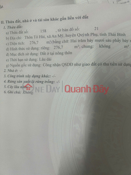 Property Search Vietnam | OneDay | Nhà ở | Niêm yết bán Bán Nhà và đất có diện tích 276,7m2 Tại Tô Hải – An Mỹ - Quỳnh Phụ - Thái Bình.