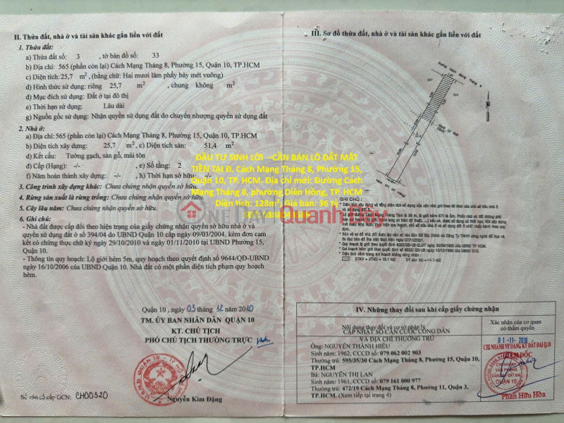 ĐẦU TƯ SINH LỜI –CẦN BÁN LÔ ĐẤT MẶT TIỀN TẠI Đ. Cách Mạng Tháng 8, Phường 15, Quận 10, TP. HCM Niêm yết bán