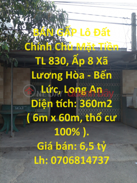 BÁN GẤP Lô Đất Chính Chủ Mặt Tiền TL 830, Ấp 8 Xã Lương Hòa - Bến Lức, Long An Niêm yết bán