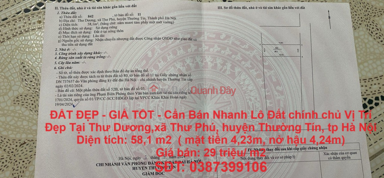 BEAUTIFUL LAND - GOOD PRICE - For Quick Sale Land Lot by owner, Nice Location In Thu Phu, Thuong Tin, Hanoi Sales Listings