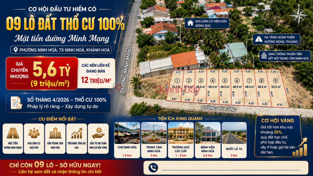 Wholesale sale of 9 plots of land in Ninh Hoa Ward, Khanh Hoa Province, residential land on Minh Mang Street. Sales Listings