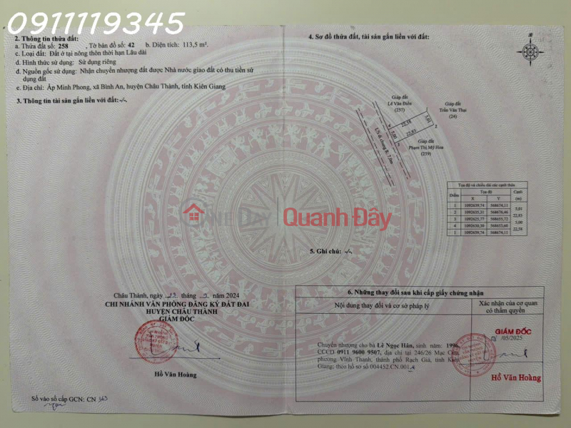 Cần tiền bán nhanh lô đất 2 mặt tiền Tắc Cầu, Bình An, DT 113.5 m2, giá 800 triệu Niêm yết bán