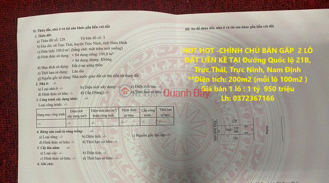 HOT HOT - OWNER URGENTLY SELLS 2 CONCUBINES OF LAND AT National Highway 21B, Truc Thai, Truc Ninh, Nam Dinh Sales Listings