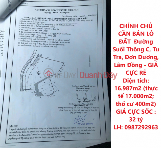 CHÍNH CHỦ CẦN BÁN LÔ ĐẤT Đường Suối Thông C, Tu Tra, Đơn Dương, Lâm Đồng - GIÁ CỰC RẺ Niêm yết bán