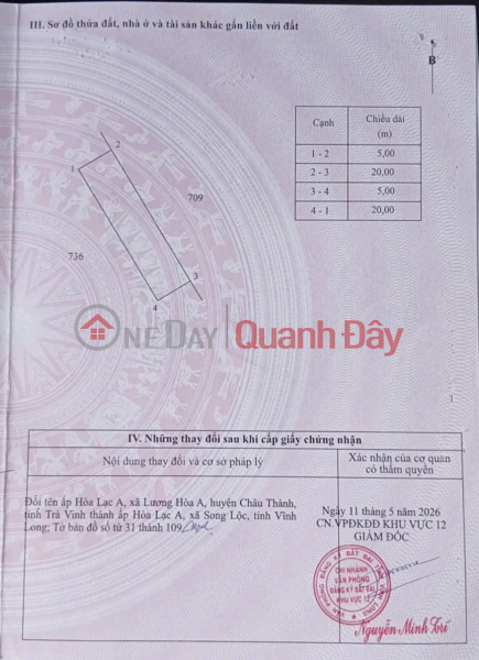 Property Search Vietnam | OneDay | Residential Sales Listings, Owner selling a promising plot of land in Hoa Lac A Hamlet, Luong Hoa A Commune, Chau Thanh District, Tra Vinh Province.