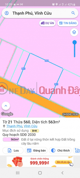 Selling 563m2 of land with separate car road in Thanh Phu commune, H, Vinh Cuu Sales Listings