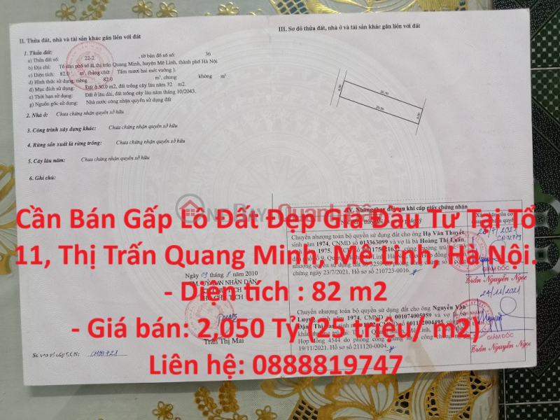 Cần Bán Gấp Lô Đất Đẹp Gía Đầu Tư Tại Tổ 11, Thị Trấn Quang Minh, Mê Linh, Hà Nội. Niêm yết bán