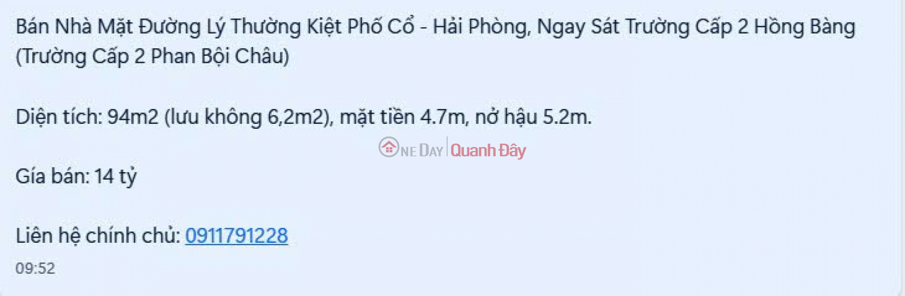 House for sale on Ly Thuong Kiet Street, Old Quarter - Hai Phong, right next to Hong Bang Secondary School. Sales Listings