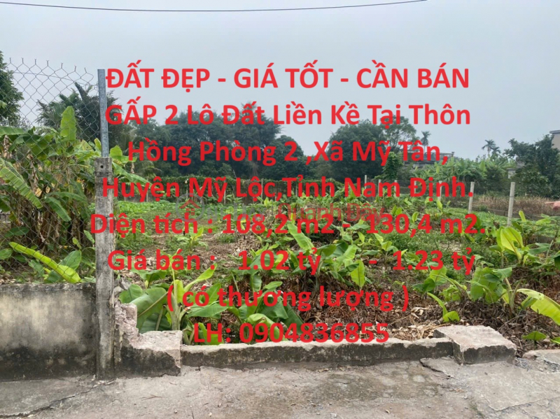 ĐẤT ĐẸP - GIÁ TỐT - CẦN BÁN GẤP 2 Lô Đất Liền Kề Tại Mỹ Lộc,Nam Định. Niêm yết bán
