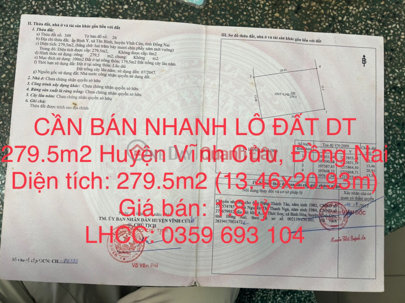 CẦN BÁN NHANH LÔ ĐẤT DT 279.5m2 Tại Xã Tân Bình Huyện Vĩnh Cửu, Đồng Nai Niêm yết bán