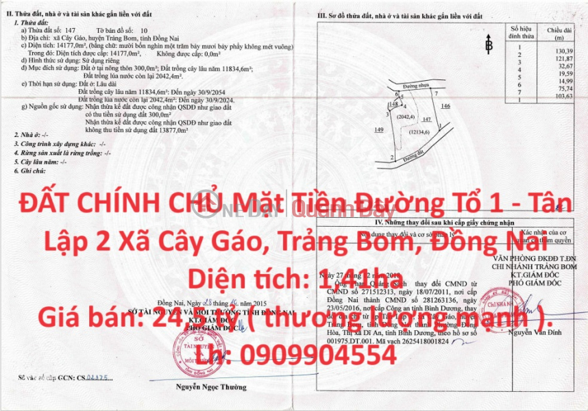 ĐẤT CHÍNH CHỦ Mặt Tiền Đường Tổ 1 - Tân Lập 2 Xã Cây Gáo, Huyện Trảng Bom, Tỉnh Đồng Nai Niêm yết bán