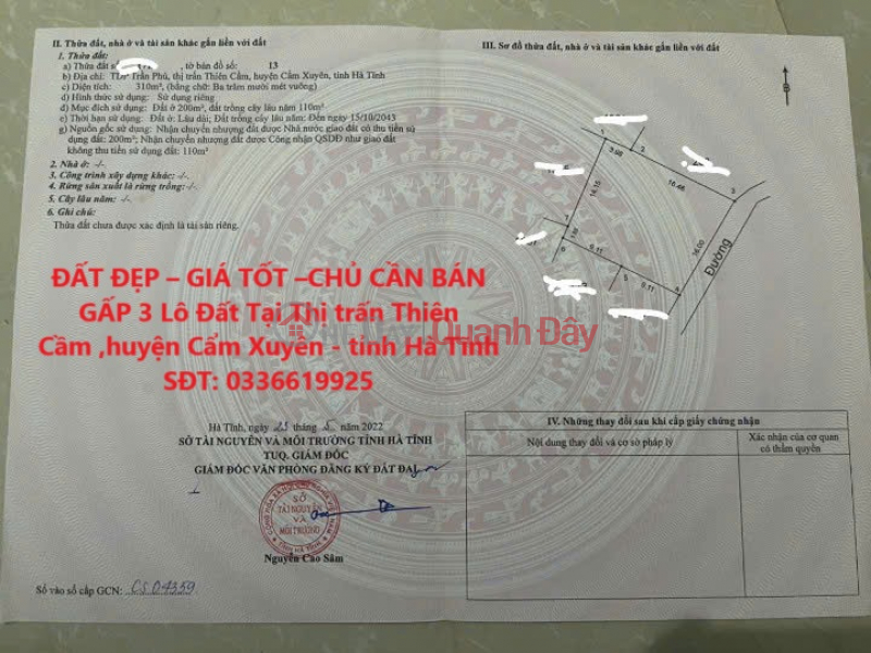 ĐẤT ĐẸP – GIÁ TỐT –CHỦ CẦN BÁN GẤP 3 Lô Đất Tại Thị trấn Thiên Cầm ,huyện Cẩm Xuyên - tỉnh Hà Tĩnh Niêm yết bán