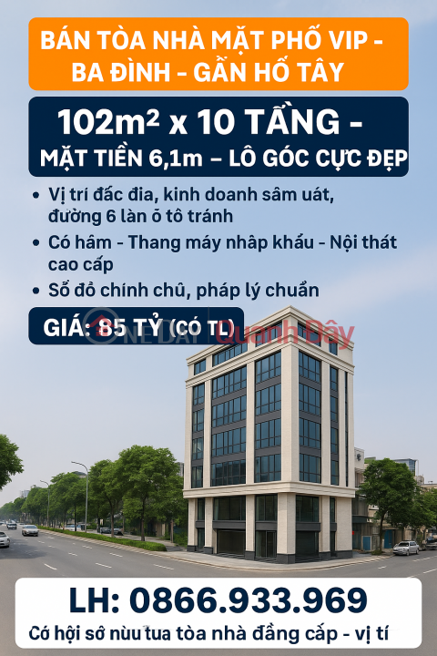 BÁN GẤP TOÀ NHÀ MẶT PHỐ VIP - TRUNG TÂM BA ĐÌNH 102M 10 TẦNG CÓ HẦM 85 TỶ _0