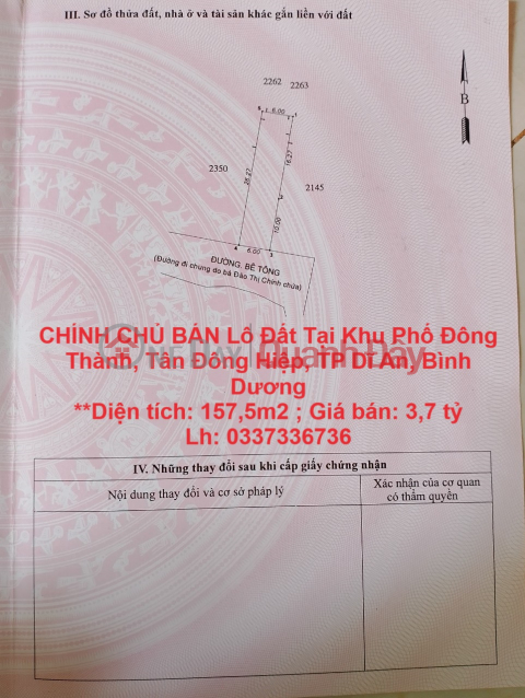 CHÍNH CHỦ BÁN Lô Đất Tại Khu Phố Đông Thành, Tân Đông Hiệp, TP Dĩ An, Bình Dương _0