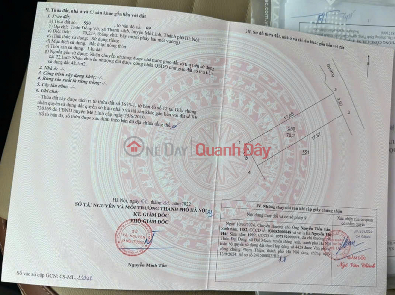 Bán 70m thôn Đồng Vỡ, Thanh Lâm, Mê Linh, HN. Cách KCN Quang Minh 1km, 3 mặt thoáng Niêm yết bán