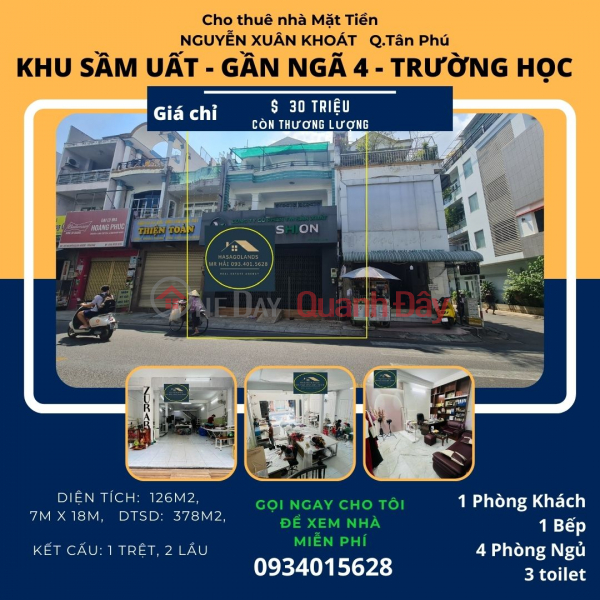 Cho thuê nhà Mặt Tiền Nguyễn Xuân Khoát 126m2, 2Lầu, 30 triệu, gần ngã 4 Niêm yết cho thuê