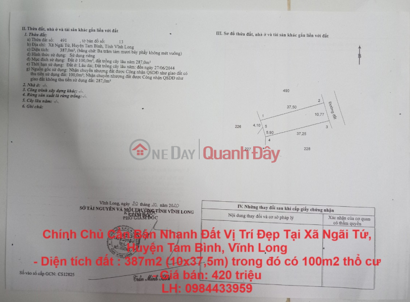 Chính Chủ Cần Bán Nhanh Đất Vị Trí Đẹp Tại Xã Ngãi Tứ, Huyện Tam Bình, Vĩnh Long Niêm yết bán