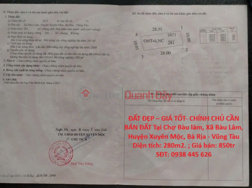 PRIME LAND – GOOD PRICE – OWNER SELLING LAND at Bau Lam Market, Bau Lam Commune, Xuyen Moc District, Ba Ria - Vung Tau Sales Listings
