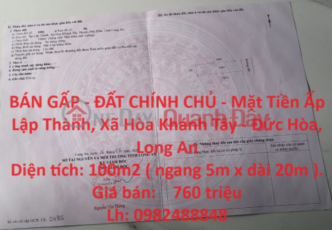 URGENT SALE - OWNER LAND - Front of Lap Thanh Hamlet, Hoa Khanh Tay Commune - Duc Hoa, Long An _0