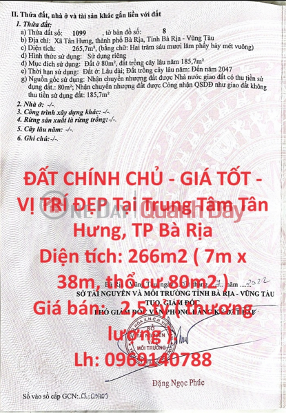 ĐẤT CHÍNH CHỦ - GIÁ TỐT - VỊ TRÍ ĐẸP Tại Trung Tâm Tân Hưng, TP Bà Rịa Niêm yết bán