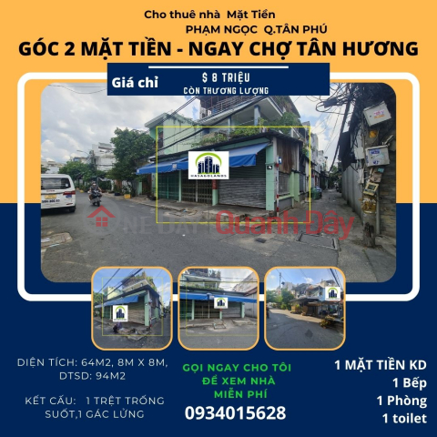 SỐC- Cho thuê nhà 2 Mặt Tiền Cạnh Chợ Tân Hương 64m2, 8Triệu _0