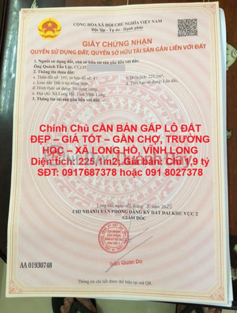 Owner URGENTLY NEEDS TO SELL A BEAUTIFUL LOT OF LAND - GOOD PRICE - NEAR MARKET, SCHOOL - LONG HO COMMUNE, VINH LONG _0