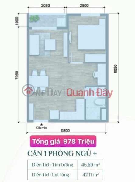 Property Search Vietnam | OneDay | Residential Sales Listings, Cheap apartment near VSIP2 Industrial Park – 46.69m², 1 bedroom, only 978 million, clear legal