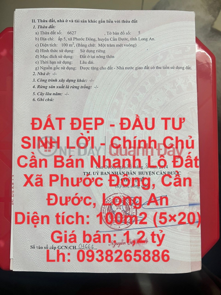 ĐẤT ĐẸP - ĐẦU TƯ SINH LỜI - Chính Chủ Cần Bán Nhanh Lô Đất Xã Phước Đông, Cần Đước, Long An Niêm yết bán