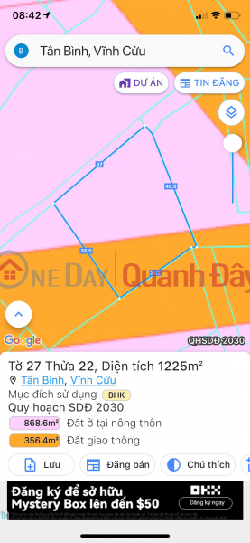 Property Search Vietnam | OneDay | Nhà ở | Niêm yết bán Bán 1225m2 đất sổ riêng tại xã Tân Bình,H.Vĩnh Cửu